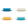 Four sets of rustic melamine dinnerware in soft off white, turquoise, dandelion yellow, and teal, each with stacked plates and bowls, ideal for Kitchen & Food and Storage and Serving collections.