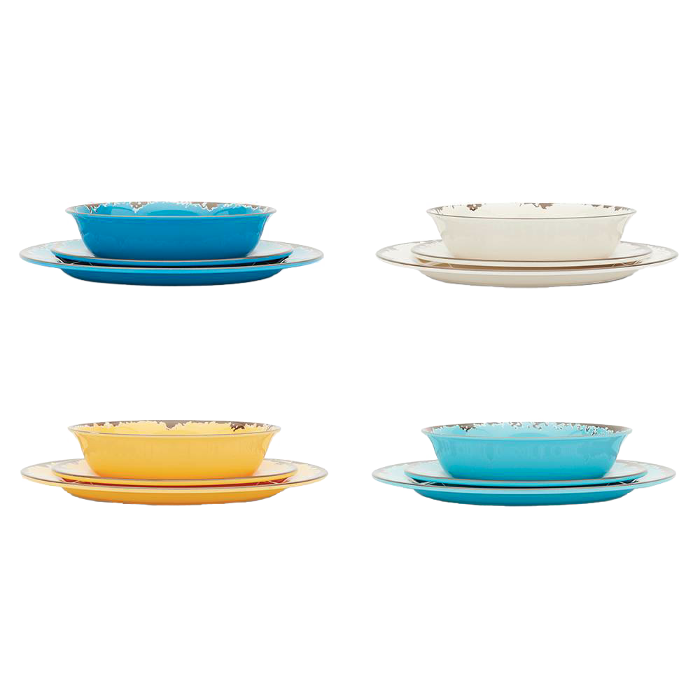 Four sets of rustic melamine dinnerware in soft off white, turquoise, dandelion yellow, and teal, each with stacked plates and bowls, ideal for Kitchen & Food and Storage and Serving collections.
