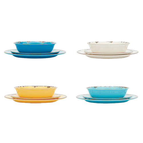 Four sets of rustic melamine dinnerware in soft off white, turquoise, dandelion yellow, and teal, each with stacked plates and bowls, ideal for Kitchen & Food and Storage and Serving collections.