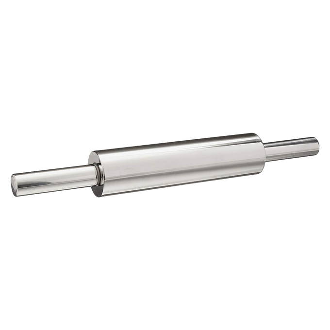 Sleek stainless steel rolling pin with smooth handles and nylon bearings for effortless dough rolling, featured in Kitchen & Food, Cookware, Baking Supplies, and Best Sellers collections.