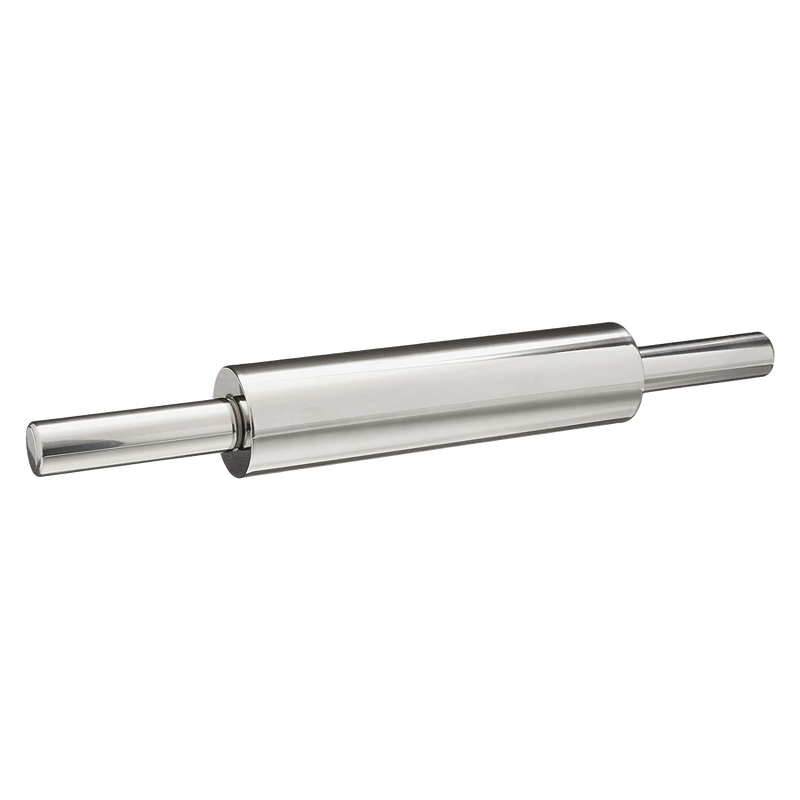 Sleek stainless steel rolling pin with smooth handles and nylon bearings for effortless dough rolling, featured in Kitchen & Food, Cookware, Baking Supplies, and Best Sellers collections.