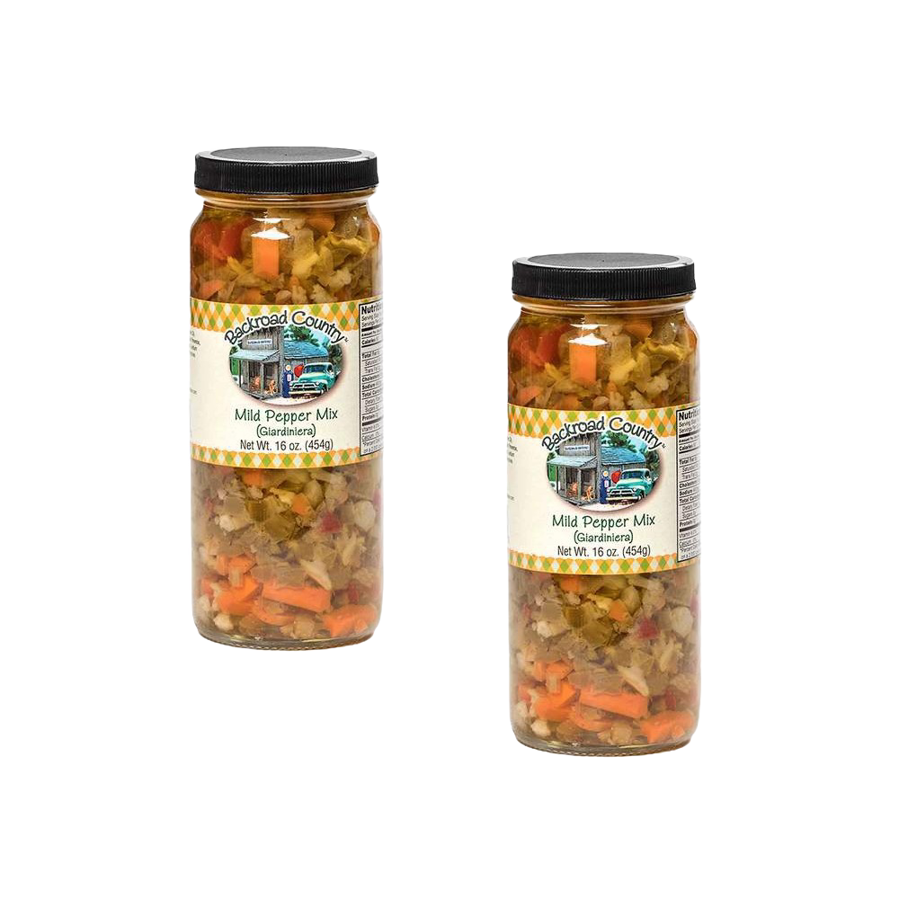 Two clear glass jars of handcrafted mild pepper mix with visible chunks of green, yellow, and orange peppers, made in USA, ideal for Kitchen & Food, Pantry, and Best Sellers collections.
