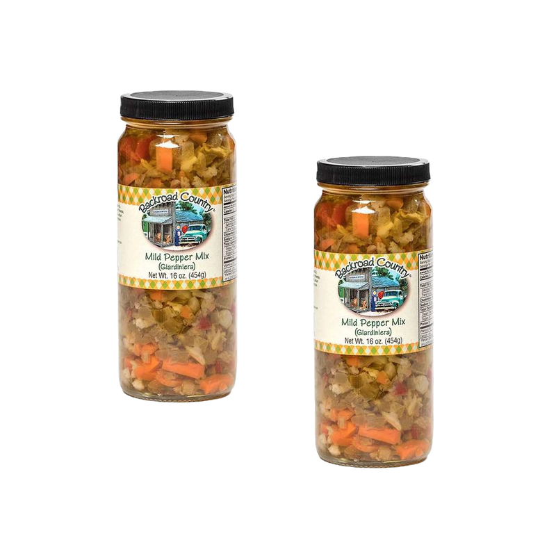 Two clear glass jars of handcrafted mild pepper mix with visible chunks of green, yellow, and orange peppers, made in USA, ideal for Kitchen & Food, Pantry, and Best Sellers collections.