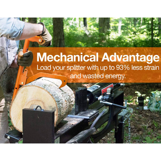 Person wearing gloves using an orange forestry multitool to lift a large log onto a wood splitter outdoors, highlighting mechanical advantage for reduced strain, featured for Farm, Garden & Tool, Wood Cutting and Hauling, USA Made, Best Sellers, and Promo Eligible collections.