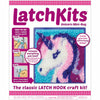 Colorful craft kit packaging displaying a handmade latch hook mini rug with a pink and purple unicorn, featuring a fabric-lined canvas and included tools for a fun, creative project in children's toys and arts and crafts collections.