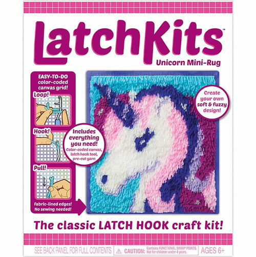 Colorful craft kit packaging displaying a handmade latch hook mini rug with a pink and purple unicorn, featuring a fabric-lined canvas and included tools for a fun, creative project in children's toys and arts and crafts collections.