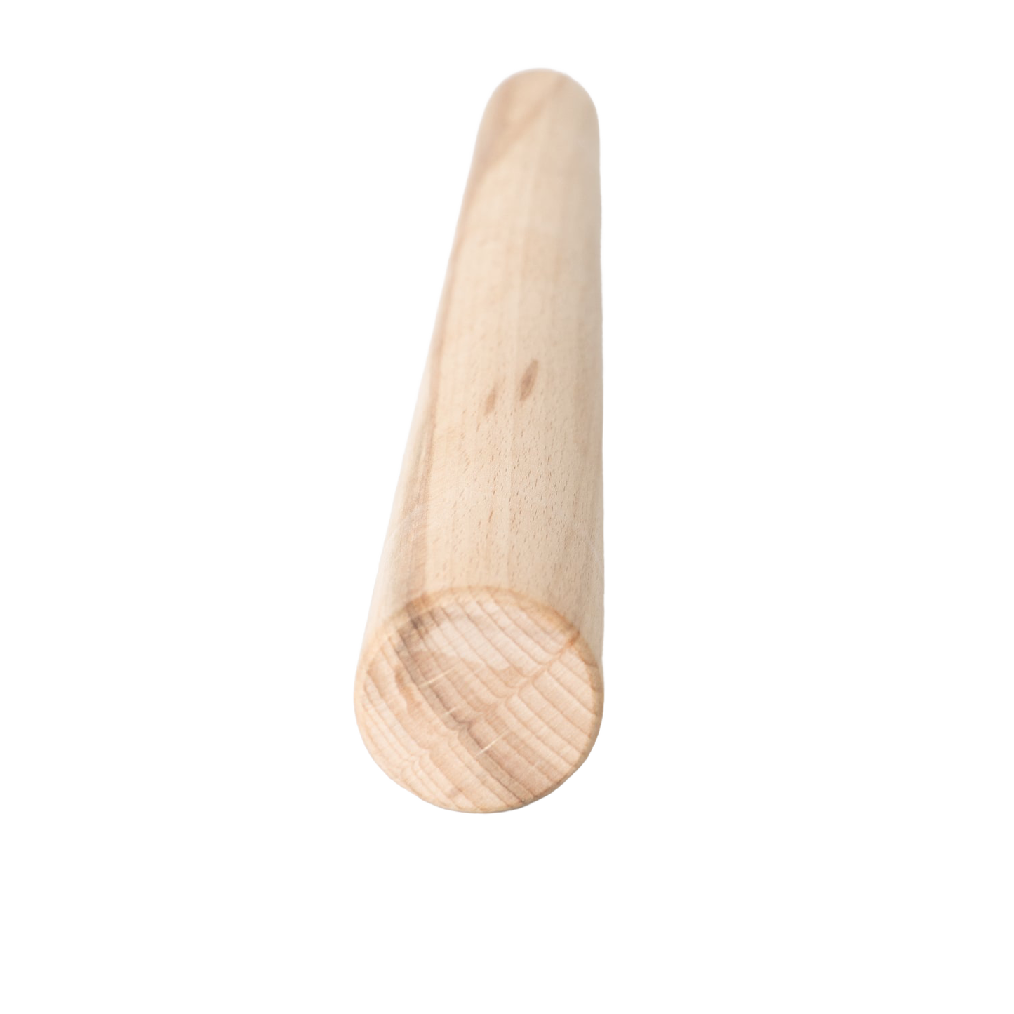 Smooth, light-colored wooden food stamper with a round flat end, designed for pressing ingredients in small crocks and jars, featured in Kitchen & Food and Food Preservation collections.