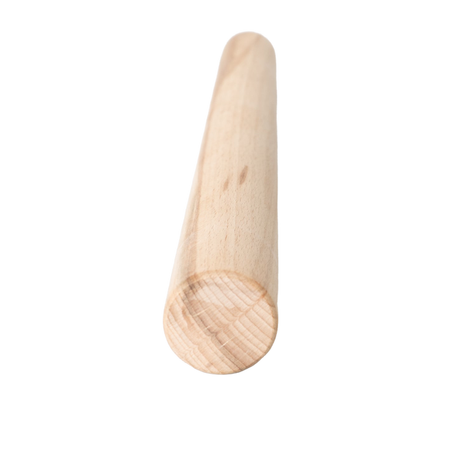 Smooth, light-colored wooden food stamper with a round flat end, designed for pressing ingredients in small crocks and jars, featured in Kitchen & Food and Food Preservation collections.