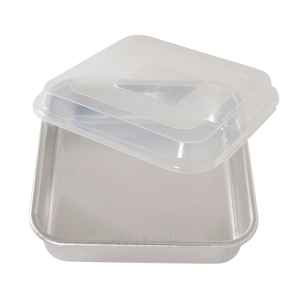 Square aluminum baking pan with encapsulated galvanized steel rims to prevent warping, featuring a clear plastic lid, ideal for Kitchen & Food, Cookware, Baking Supplies, and USA Made collections.
