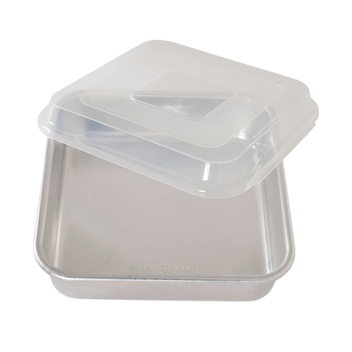 Square aluminum baking pan with encapsulated galvanized steel rims to prevent warping, featuring a clear plastic lid, ideal for Kitchen & Food, Cookware, Baking Supplies, and USA Made collections.