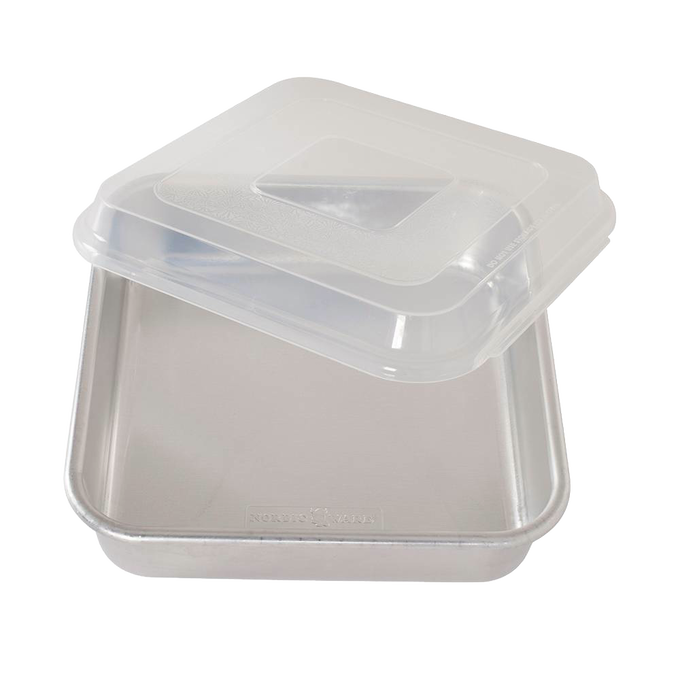 Square aluminum baking pan with encapsulated galvanized steel rims to prevent warping, featuring a clear plastic lid, ideal for Kitchen & Food, Cookware, Baking Supplies, and USA Made collections.
