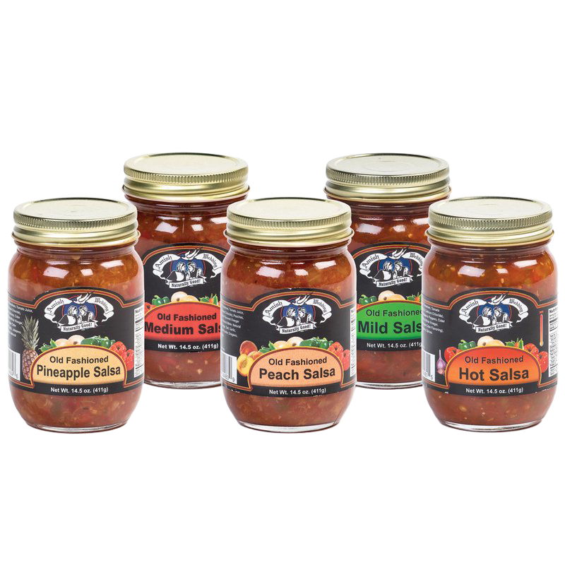 Five glass jars of handcrafted Amish-style kettle-cooked salsa in pineapple, medium, peach, mild, and hot varieties with thick, chunky texture, made in USA, perfect for Kitchen & Food, Snacks and Sweets, Pantry, USA Made, Best Sellers, and Promo Eligible collections.