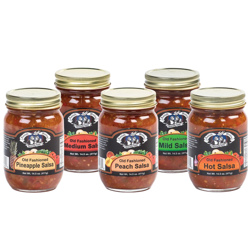 Five glass jars of handcrafted Amish-style kettle-cooked salsa in pineapple, medium, peach, mild, and hot varieties with thick, chunky texture, made in USA, perfect for Kitchen & Food, Snacks and Sweets, Pantry, USA Made, Best Sellers, and Promo Eligible collections.