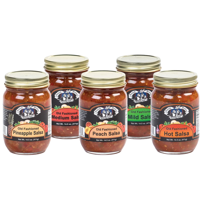 Five glass jars of handcrafted Amish-style kettle-cooked salsa in pineapple, medium, peach, mild, and hot varieties with thick, chunky texture, made in USA, perfect for Kitchen & Food, Snacks and Sweets, Pantry, USA Made, Best Sellers, and Promo Eligible collections.