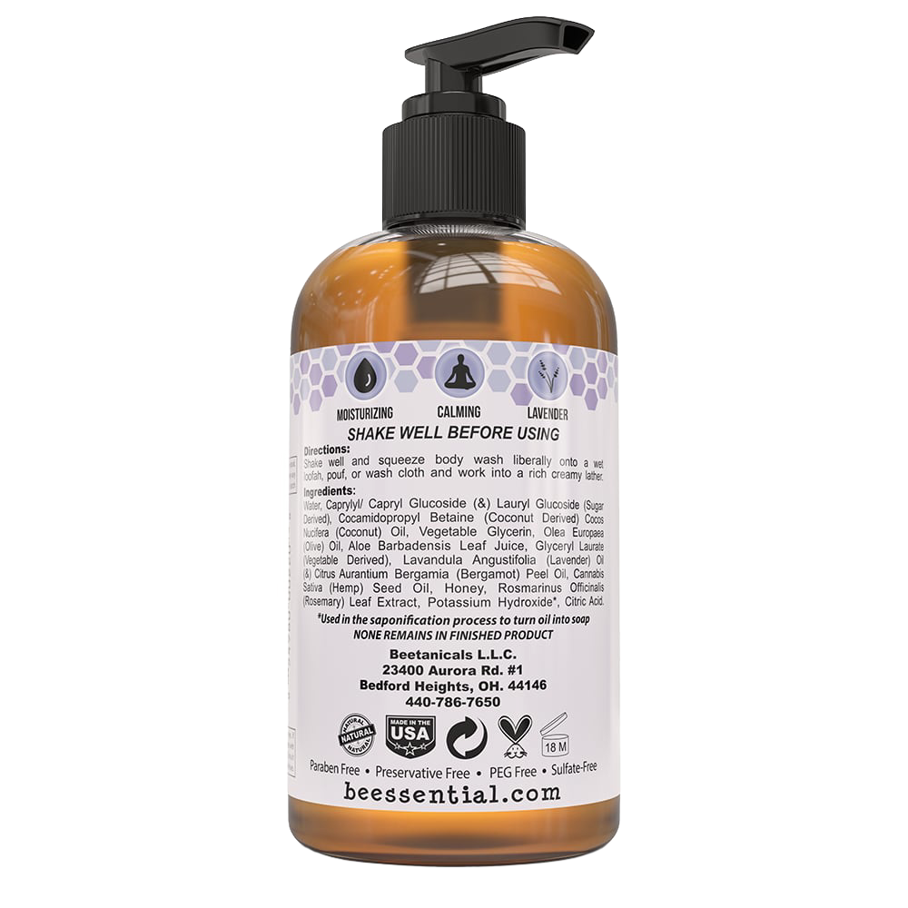 Amber 8 oz pump bottle of natural body wash with lavender and honey, featuring moisturizing and calming properties, handcrafted in the USA, included in Health & Wellness, Soaps, USA Made, and Best Sellers collections.