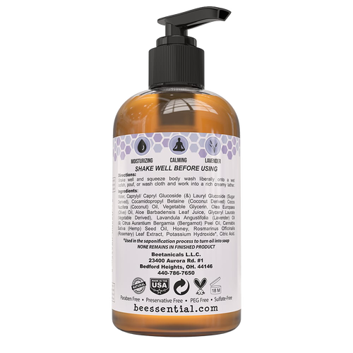 Amber 8 oz pump bottle of natural body wash with lavender and honey, featuring moisturizing and calming properties, handcrafted in the USA, included in Health & Wellness, Soaps, USA Made, and Best Sellers collections.