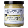 Glass jar of garlic kraut mustard with black lid, featuring gluten free label and simple ingredients branding, part of Kitchen & Food, Pantry, and USA Made collections.
