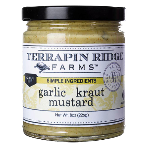 Glass jar of garlic kraut mustard with black lid, featuring gluten free label and simple ingredients branding, part of Kitchen & Food, Pantry, and USA Made collections.