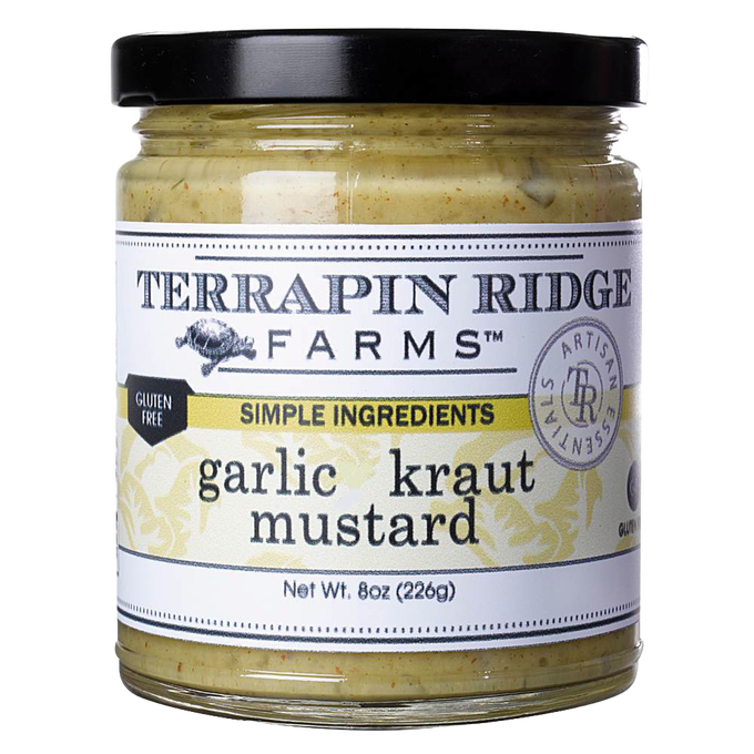 Glass jar of garlic kraut mustard with black lid, featuring gluten free label and simple ingredients branding, part of Kitchen & Food, Pantry, and USA Made collections.