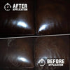 Comparison of a leather surface condition showing dull and worn texture before and smooth, shiny, and restored finish after using cleaner and conditioner, ideal for Home & Decor and Household Cleaning collections.
