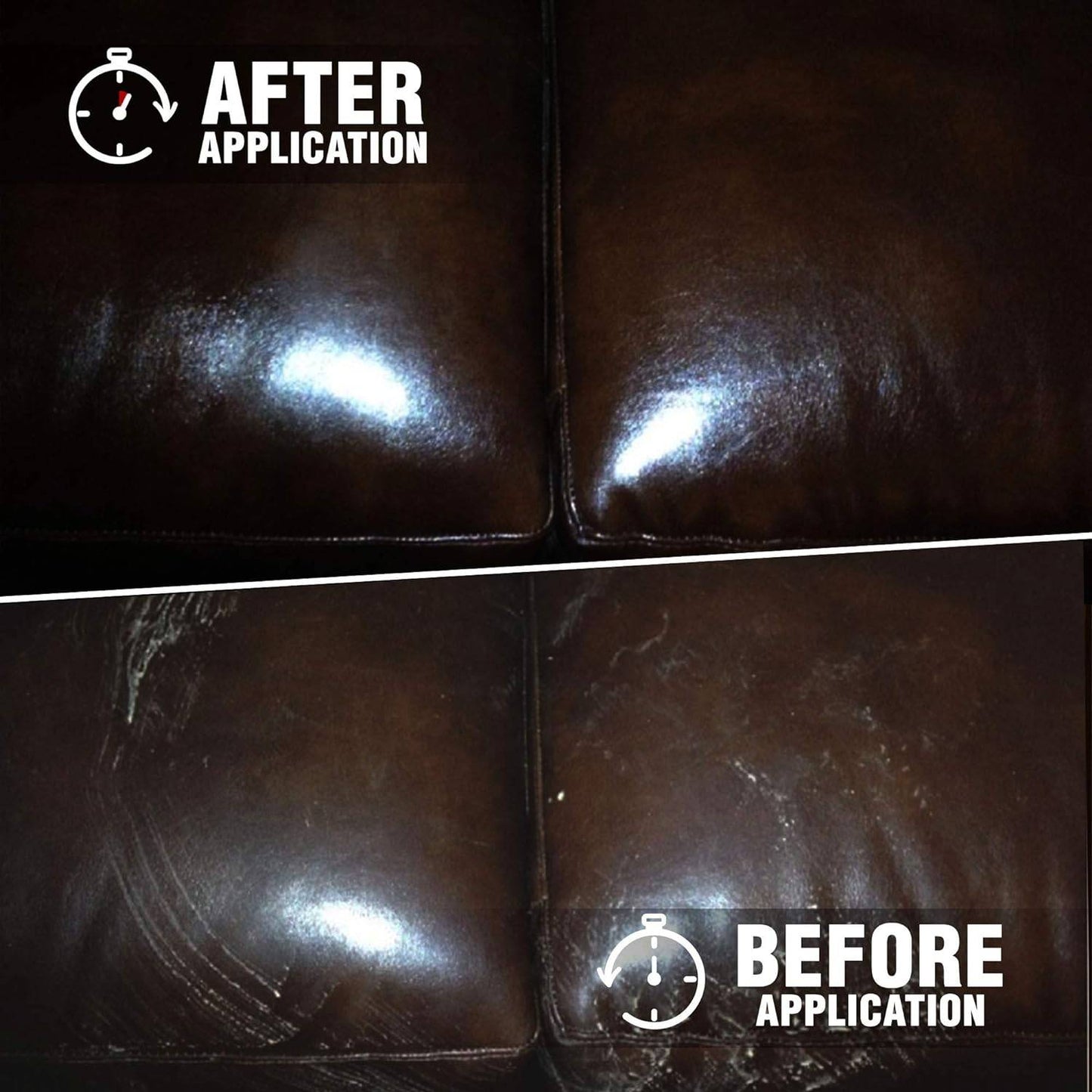 Comparison of a leather surface condition showing dull and worn texture before and smooth, shiny, and restored finish after using cleaner and conditioner, ideal for Home & Decor and Household Cleaning collections.