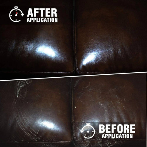 Comparison of a leather surface condition showing dull and worn texture before and smooth, shiny, and restored finish after using cleaner and conditioner, ideal for Home & Decor and Household Cleaning collections.