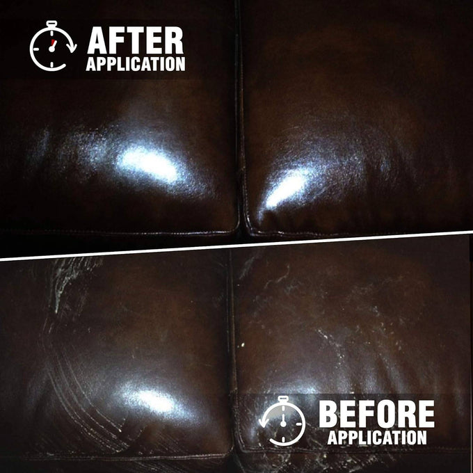 Comparison of a leather surface condition showing dull and worn texture before and smooth, shiny, and restored finish after using cleaner and conditioner, ideal for Home & Decor and Household Cleaning collections.