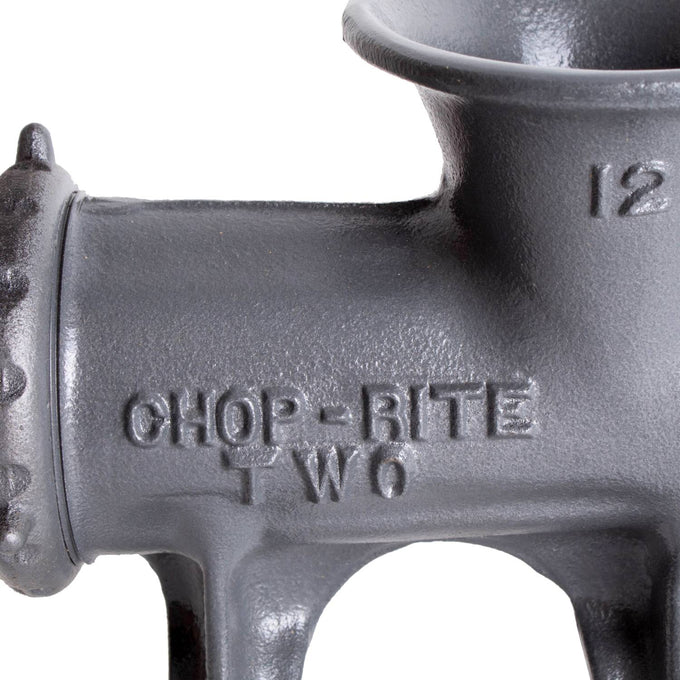 Close-up of a heavy-duty gray metal meat grinder body stamped with Chop-Rite Two, featuring a durable non-stick coating, ideal for professional Kitchen & Food, Specialty Equipment, and Butchering Supplies collections.