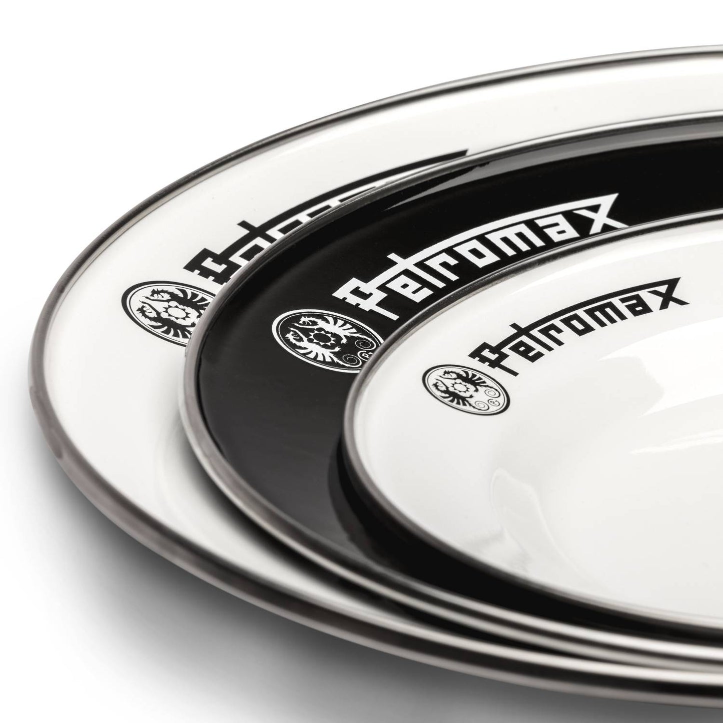 Set of two durable enamel plates in classic black and white with sturdy fired surfaces and bold logos, perfect for Farm, Garden & Tool, Kitchen & Food, Camping, Dinnerware, Best Sellers, and Promo Eligible collections.