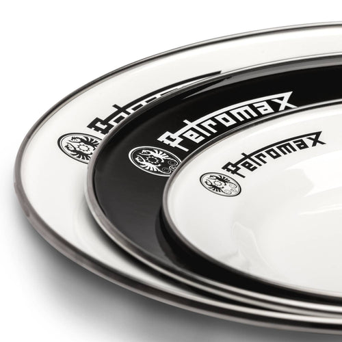 Set of two durable enamel plates in classic black and white with sturdy fired surfaces and bold logos, perfect for Farm, Garden & Tool, Kitchen & Food, Camping, Dinnerware, Best Sellers, and Promo Eligible collections.