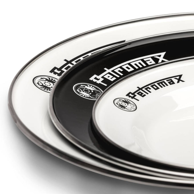 Set of two durable enamel plates in classic black and white with sturdy fired surfaces and bold logos, perfect for Farm, Garden & Tool, Kitchen & Food, Camping, Dinnerware, Best Sellers, and Promo Eligible collections.