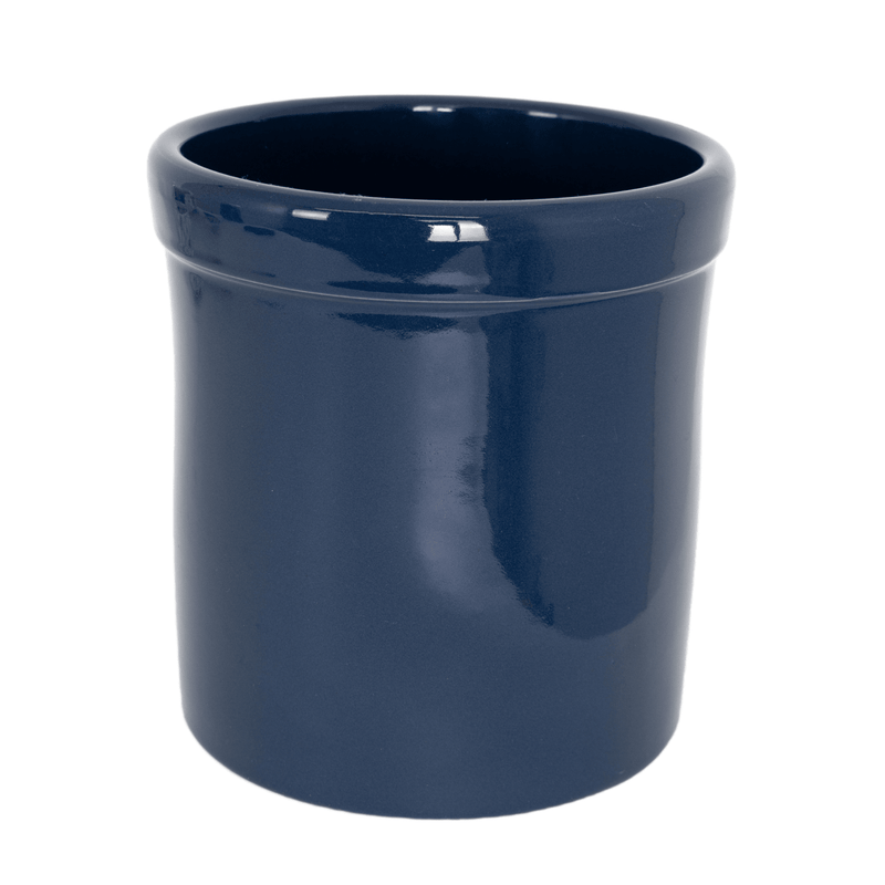 Glossy navy blue stoneware crock with wide rim, handcrafted and made in USA, ideal for kitchen, food preservation, and fermenting and pickling tasks.
