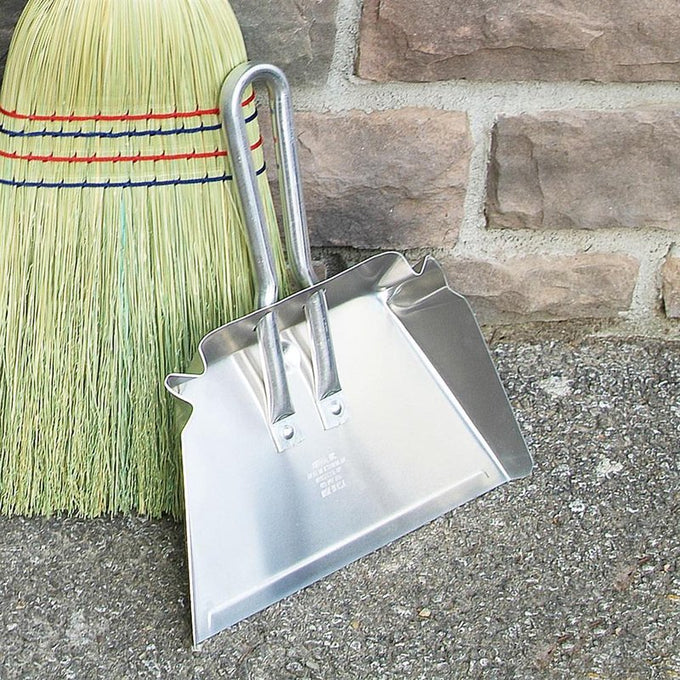 Lightweight rustproof aluminum dustpan with reinforced edges and hanging loops secured by oversized rivets, ideal for household cleaning, kitchen use, and Home & Decor collections.