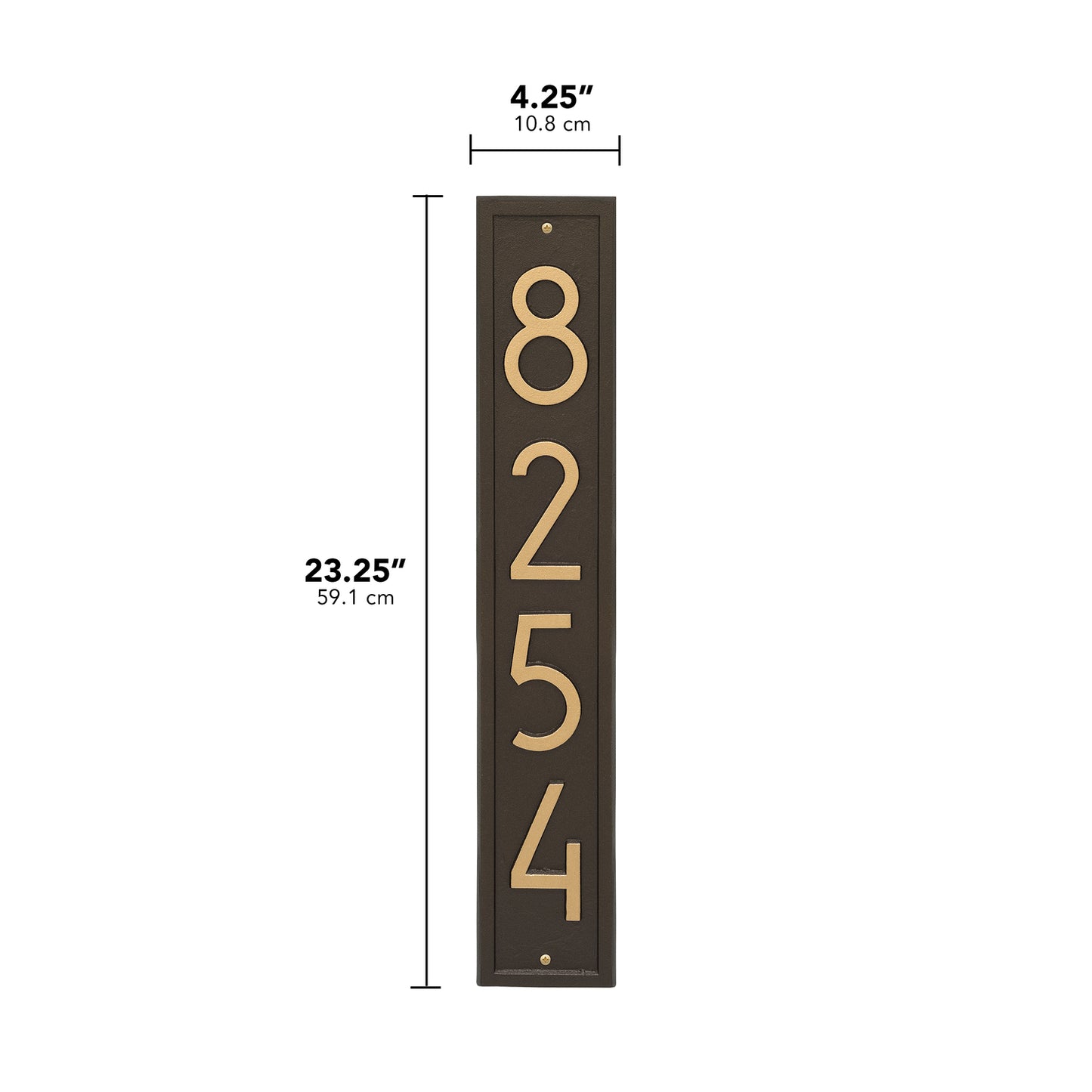 Handcrafted vertical address plaque in aged bronze with contemporary numbers, designed to enhance curb appeal, made in USA, featured in Home & Decor and Mailboxes collections.