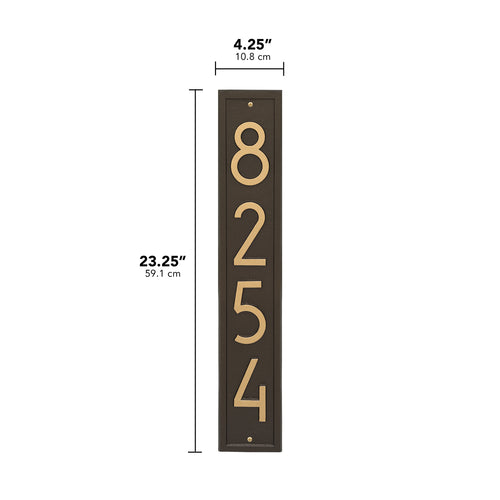 Handcrafted vertical address plaque in aged bronze with contemporary numbers, designed to enhance curb appeal, made in USA, featured in Home & Decor and Mailboxes collections.
