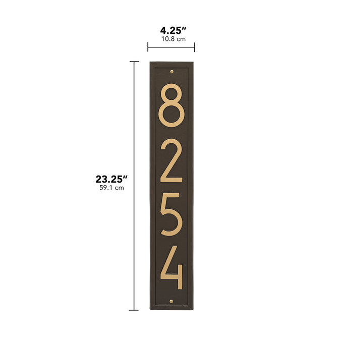 Handcrafted vertical address plaque in aged bronze with contemporary numbers, designed to enhance curb appeal, made in USA, featured in Home & Decor and Mailboxes collections.