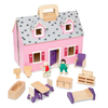 Pink wooden dollhouse with handle, featuring miniature handcrafted wooden furniture and two small dolls, designed for indoor play and children's toys collections.