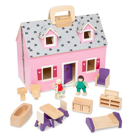 Pink wooden dollhouse with handle, featuring miniature handcrafted wooden furniture and two small dolls, designed for indoor play and children's toys collections.