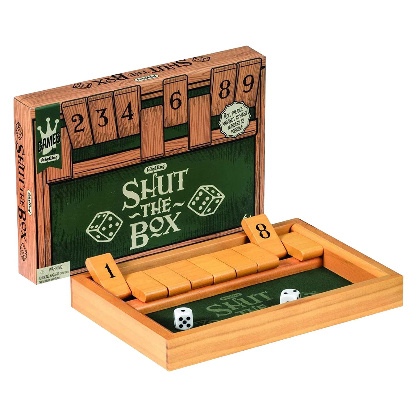 Wooden Shut the Box game set with hinged number tiles from 1 to 9 and two dice, part of Toys, Books & Games, Children's Toys, Games and Puzzles, Table and Board Games collections.
