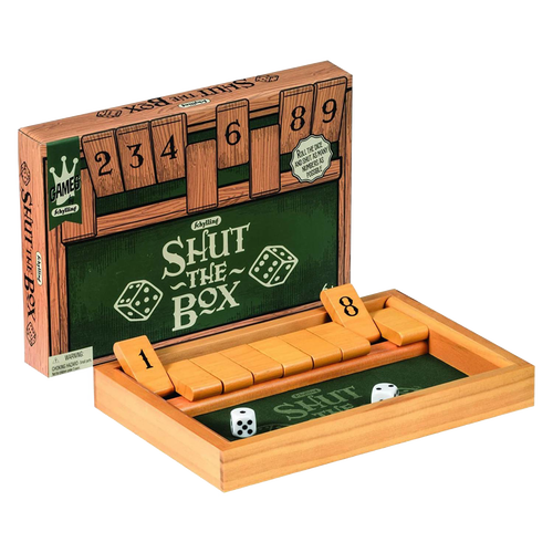 Wooden Shut the Box game set with hinged number tiles from 1 to 9 and two dice, part of Toys, Books & Games, Children's Toys, Games and Puzzles, Table and Board Games collections.