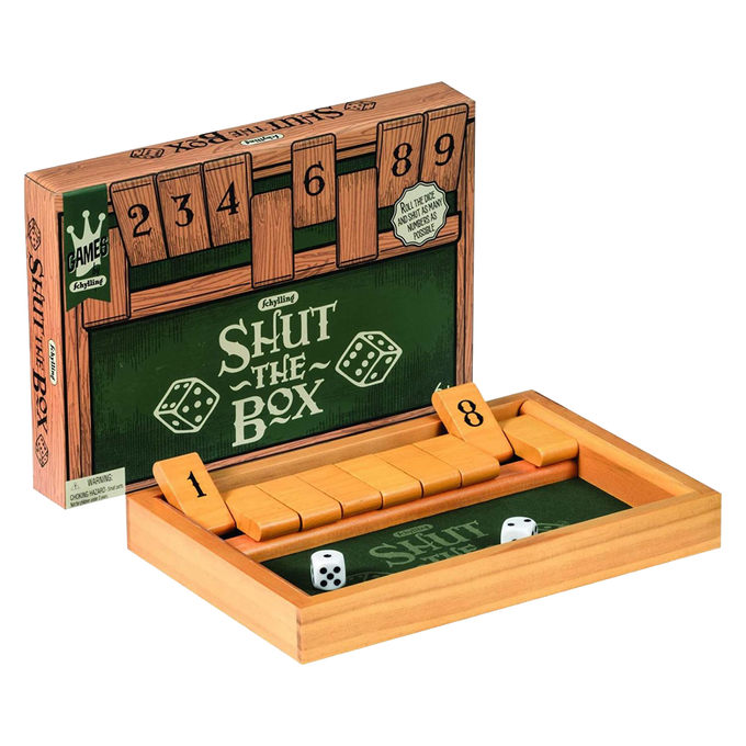 Wooden Shut the Box game set with hinged number tiles from 1 to 9 and two dice, part of Toys, Books & Games, Children's Toys, Games and Puzzles, Table and Board Games collections.