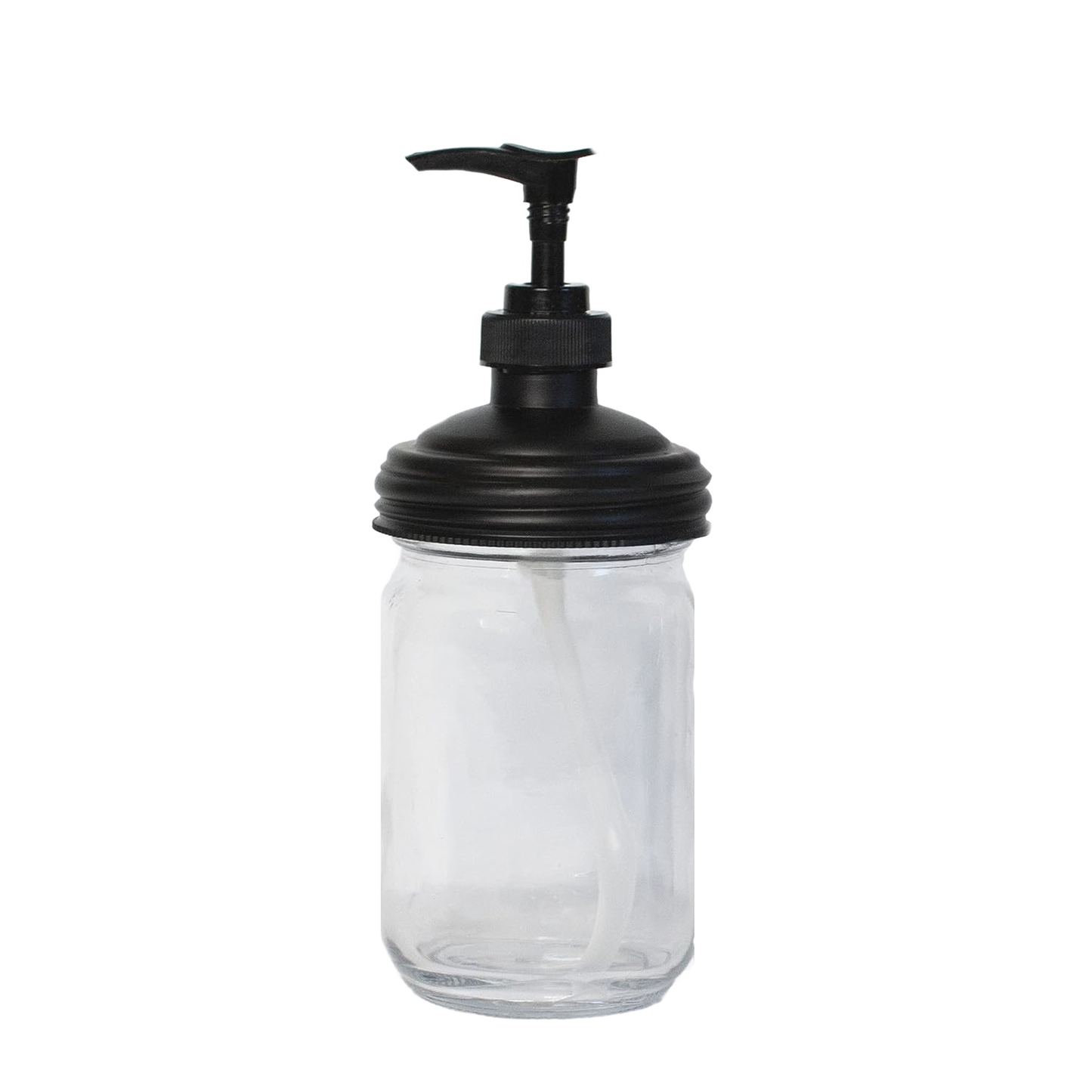 Clear glass jar with a black pump lid featuring a long adjustable tube, designed for regular-mouth mason jars and ideal for eco-friendly Health & Wellness, Home & Decor, and Household Helpers collections.