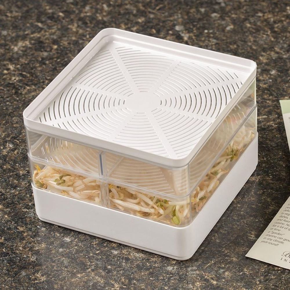 Compact white seed sprouter with two stackable trays and removable dividers, growing healthy sprouts, featured in Farm, Garden & Tool, Seeds and Planting, USA Made, and Best Sellers collections.