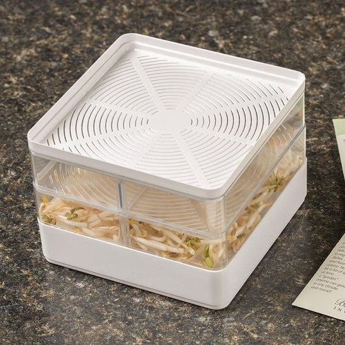 Compact white seed sprouter with two stackable trays and removable dividers, growing healthy sprouts, featured in Farm, Garden & Tool, Seeds and Planting, USA Made, and Best Sellers collections.