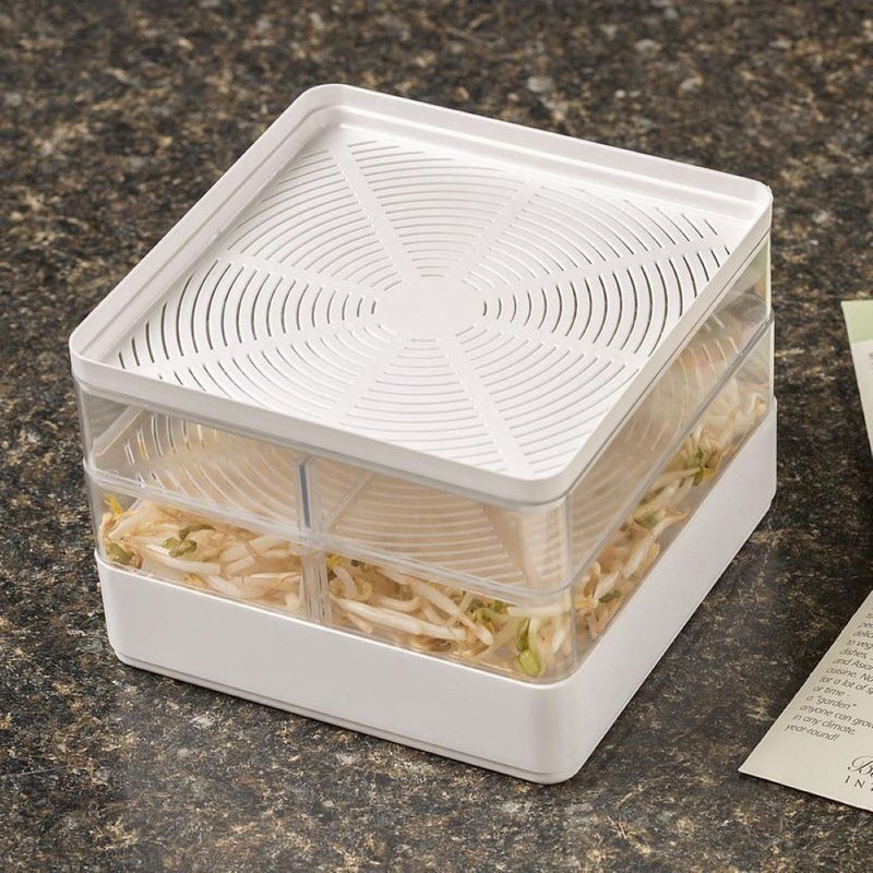 Compact white seed sprouter with two stackable trays and removable dividers, growing healthy sprouts, featured in Farm, Garden & Tool, Seeds and Planting, USA Made, and Best Sellers collections.