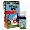 Small blue glass bottle of Olbas aromatherapy and massage oil with white cap next to colorful box featuring mountain and herbal illustrations, labeled all natural and rapid action, part of Health & Wellness and Health Remedies collections.