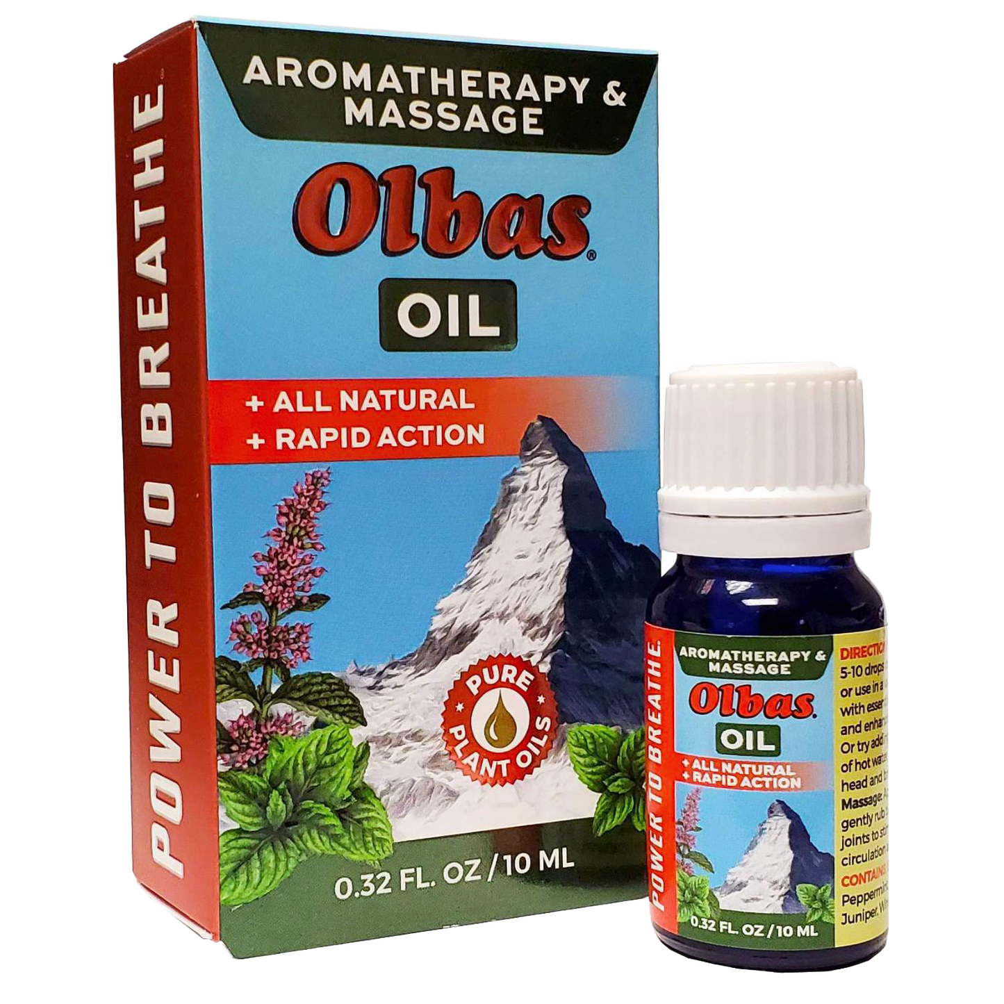 Small blue glass bottle of Olbas aromatherapy and massage oil with white cap next to colorful box featuring mountain and herbal illustrations, labeled all natural and rapid action, part of Health & Wellness and Health Remedies collections.