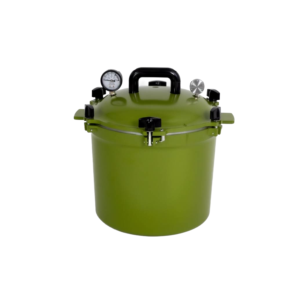 Olive green pressure canner with secure locking lid, pressure gauges, and sturdy handles, designed for safe food preservation in USA made Kitchen & Food and Canning collections.