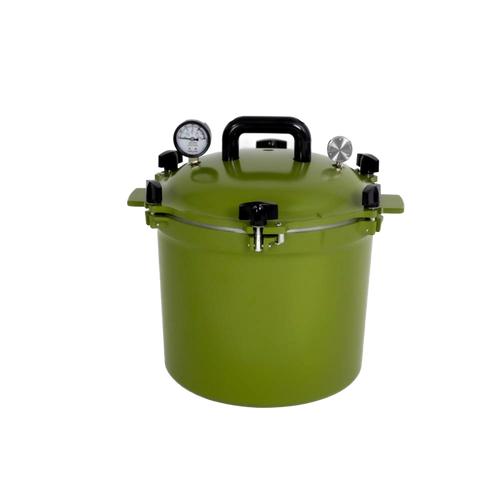 Olive green pressure canner with secure locking lid, pressure gauges, and sturdy handles, designed for safe food preservation in USA made Kitchen & Food and Canning collections.