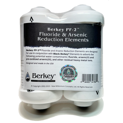 Pack of four Berkey PF-2 fluoride and arsenic reduction elements designed for use with water filters, made in the USA, ideal for emergency supplies and water treatment appliances.